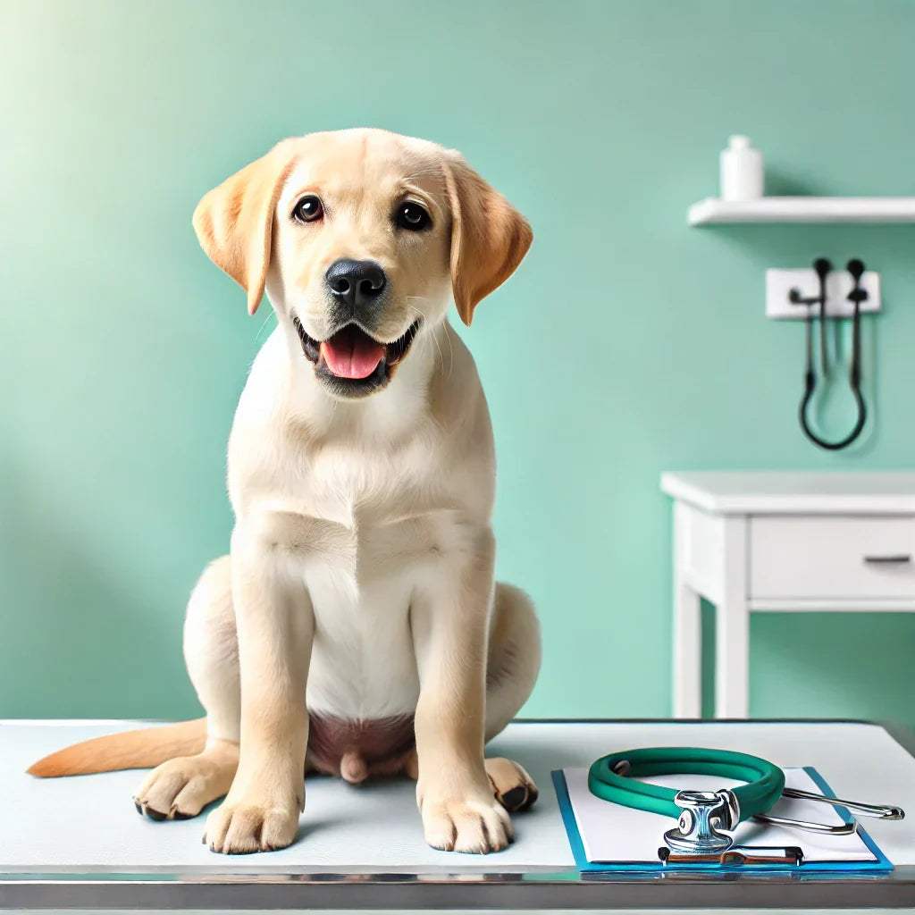 A cheerful Labrador Retriever sits on a veterinary examination table, looking content and healthy. A stethoscope rests nearby on the table. The backgr