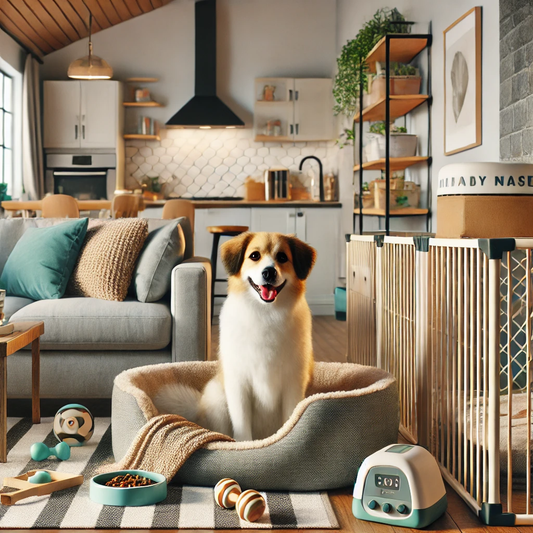 depicting a comfortable and inviting home environment designed for a dog while the owner is working full-time. It emphasizes security, comfort, and practicality. Let me know if you'd like to make any adjustments!