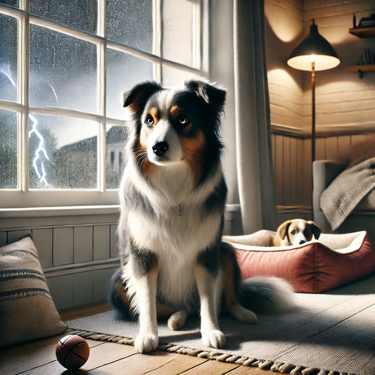 A realistic image of a medium-sized dog, such as a Golden Retriever, sitting indoors in a cozy living room with a concerned or alert expression