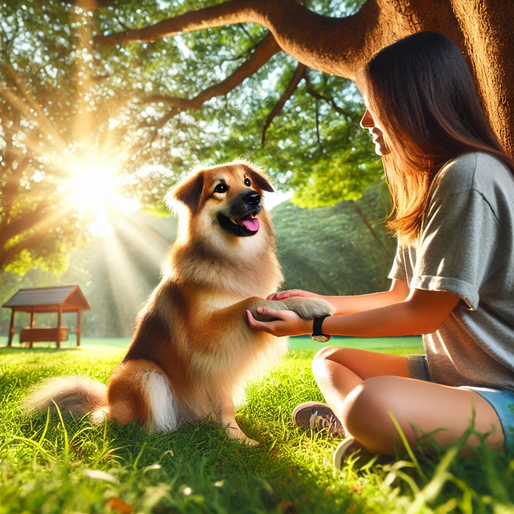 A heartwarming scene of a happy dog and owner bonding outdoors in a natural setting. The dog, a medium-sized mixed breed with soft fur, looks content 