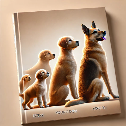 A cover image depicting the growth stages of a dog, showing a puppy at one end, a young dog in the middle, and an adult dog at the other end. The ima